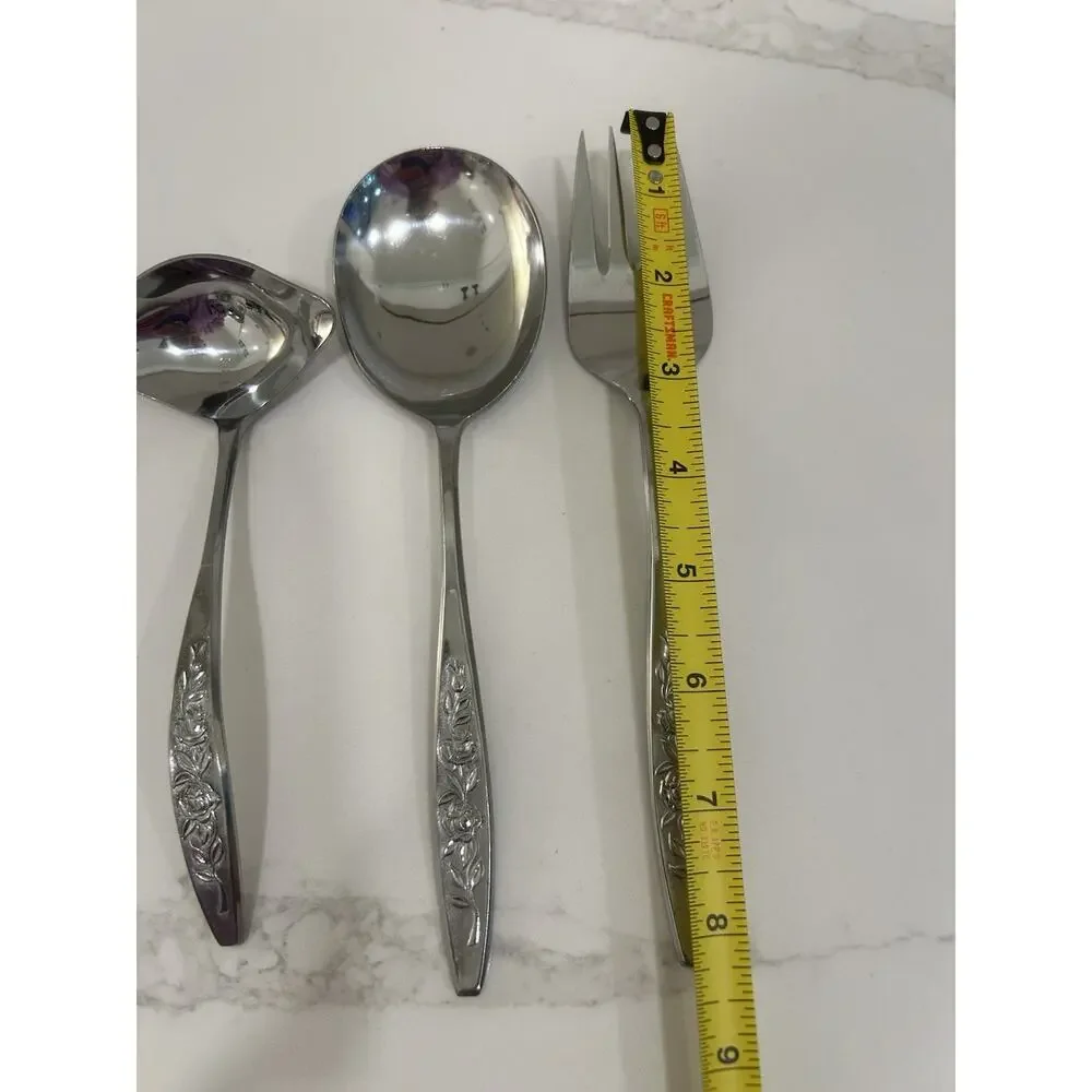 Eldan ELD18 Set of 3 Serving Pieces MAY ROSE Textured Roses Stainless Vtg MCM